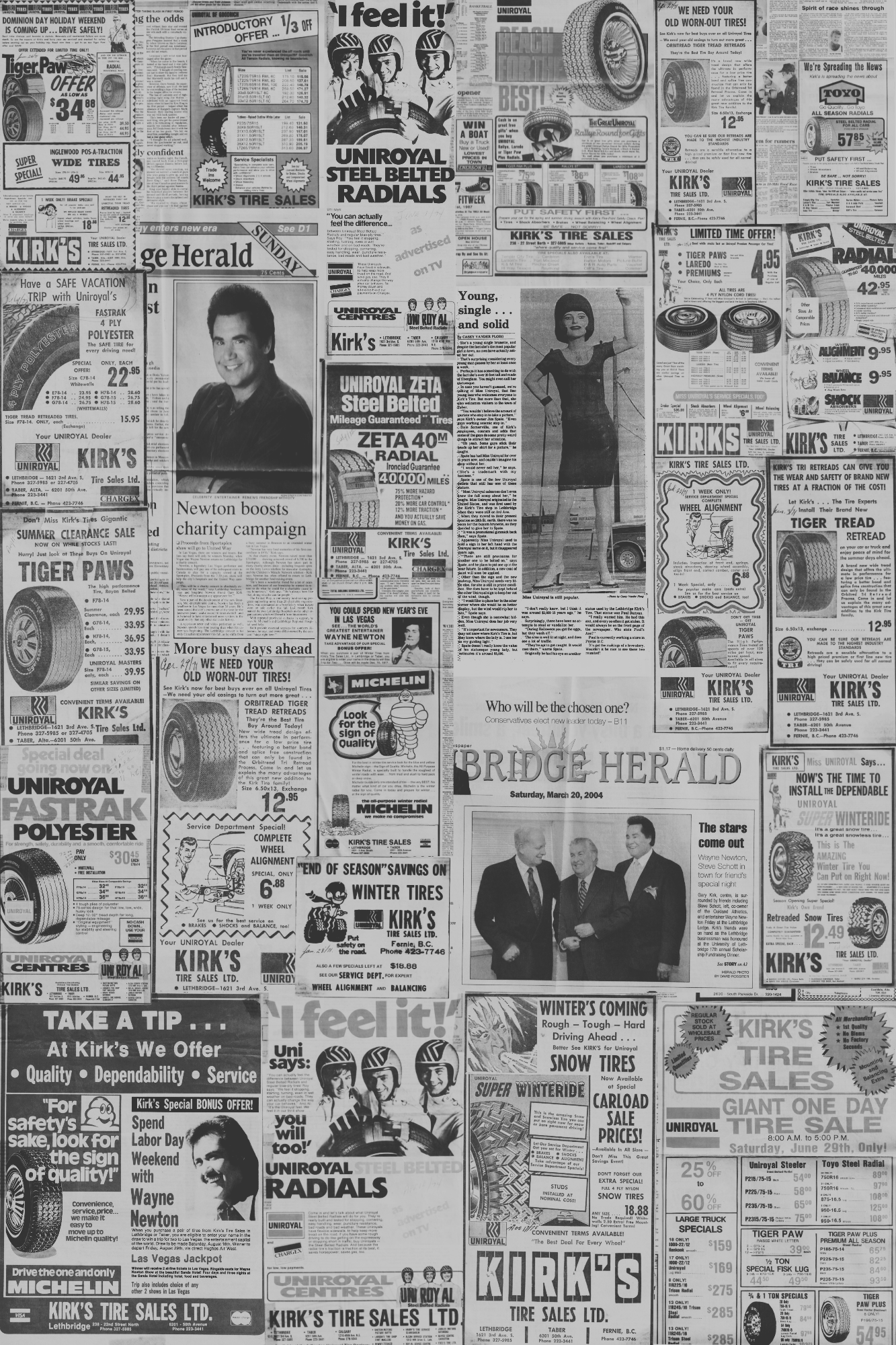 Vintage Kirk's Tire newspaper advertisements across the decades